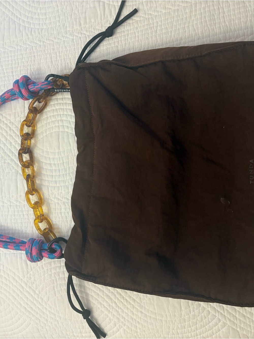 Brown Tote Bag with Amber Chain and Pink-Blue Rope Handles
